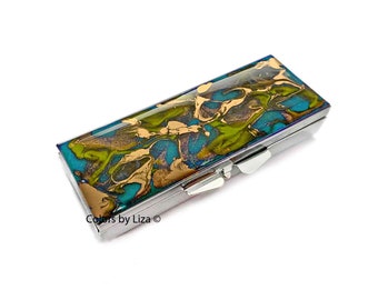 Turquoise Marbleized Pill Box Hand Painted Glossy Enamel Chrysocolla Quartz Inspired Design with Personalized and Color Options Available