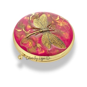 Dragonfly Compact Mirror Inlaid in Hand Painted Fuchsia and Gold Enamel Quartz Inspired with Personalize and Assorted Color Options image 1