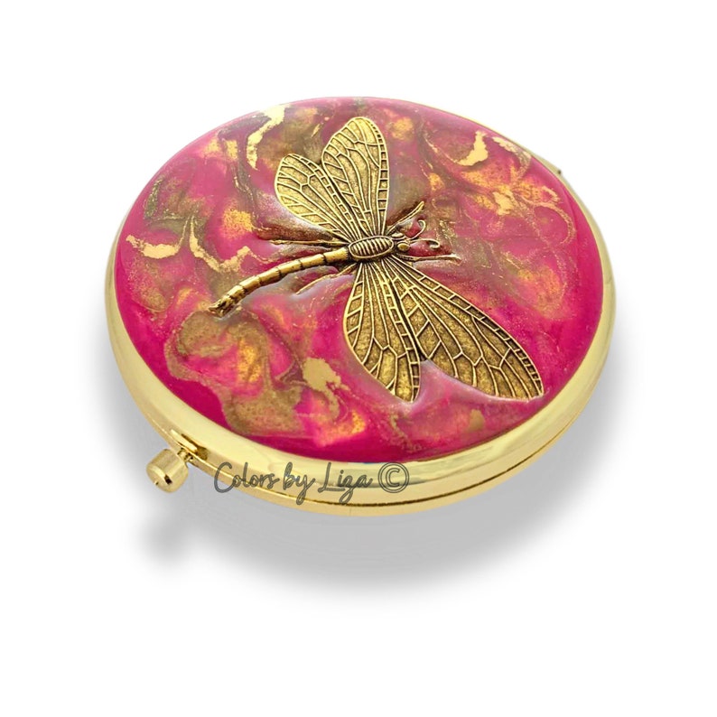 Dragonfly Compact Mirror Inlaid in Hand Painted Fuchsia and Gold Enamel Quartz Inspired with Personalize and Assorted Color Options image 1