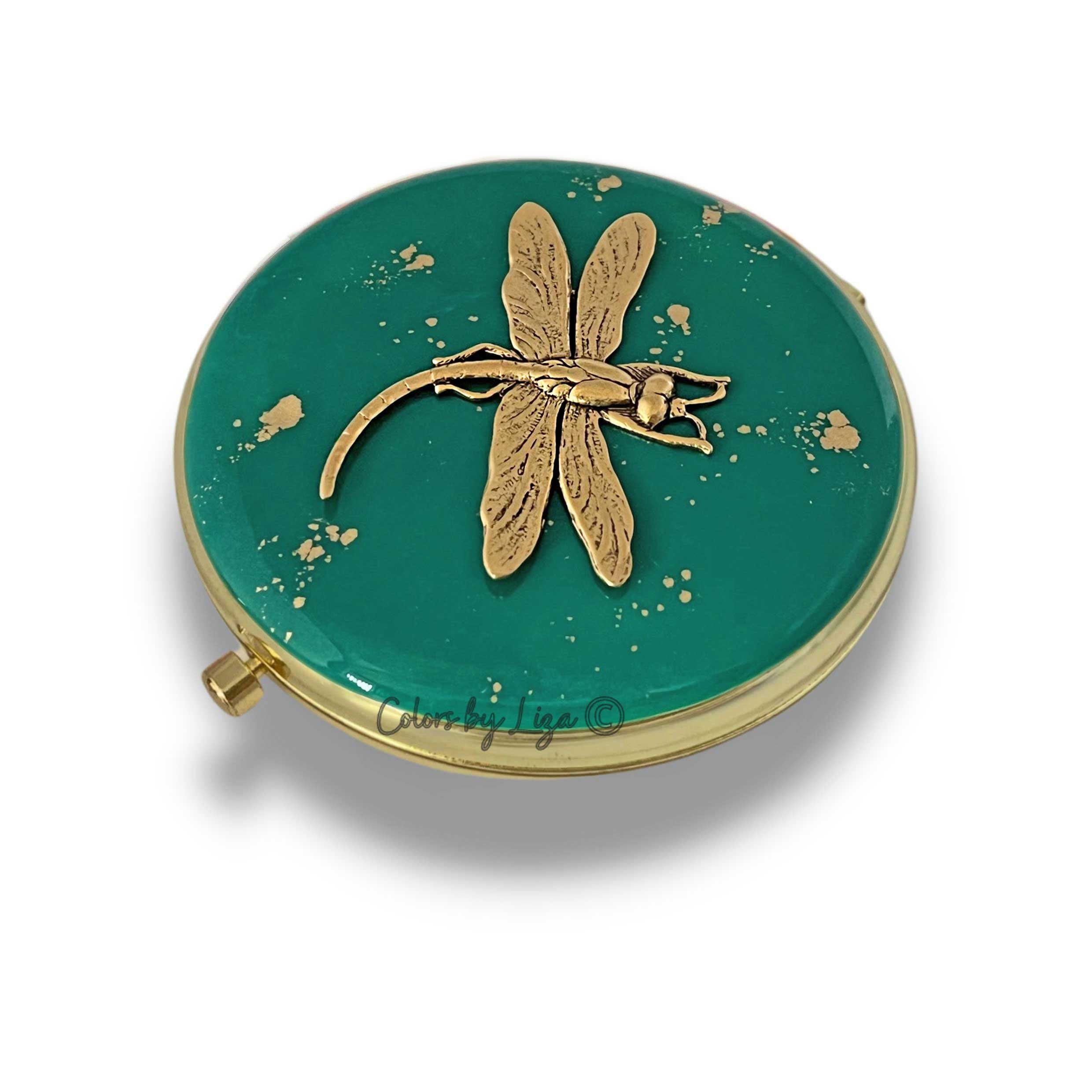 Art Nouveau Dragonfly Compact Mirror: Teal & Gold Enamel, Personalized Option