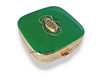 Antique Gold Scarab Pill Box Inlaid in Green Opaque Enamel Art Deco Egyptian Beetle Vintage Style with Personalize and Color Option