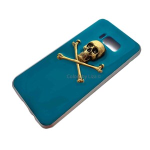 Hand Painted Skull & Crossbones iPhone/Galaxy Case: Turquoise Enamel Goth