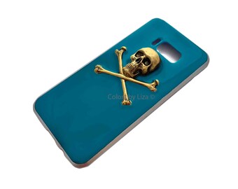 Skull and Crossbones Galaxy Case or Iphone Cover Inlaid in Hand Painted Turquoise Blue Enamel Modern Goth Inspired with Colors Options