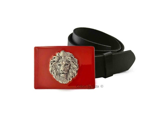 BERGÉ GENUINE RED LEATHER LION HEAD BUCKEL BELT Automatic Oval Silver Gold Buckle Mustard Leather Designer  main image 3