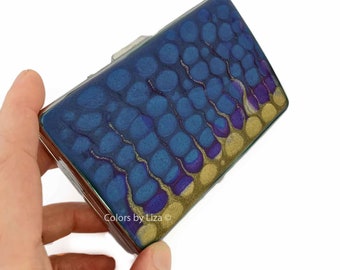 Hand Painted Metal Cigarette Case Indigo Blue Purple and Gold Enamel Metal Wallet with Personalize Engraving and Color Options