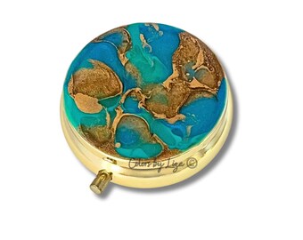 Hand Painted Marble Pill Box: Teal Turquoise Gold Enamel, Personalized