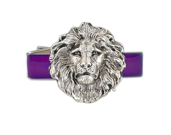 Lion Head Tie Clip Antique Silver Inlaid in Hand Painted Purple Opaque Enamel Neo Classic Inspired wih Cufflink and Tie Pin Set Options