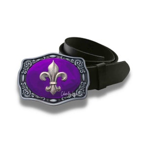 Fleur de Lys Belt Buckle: Hand Painted Purple Enamel, Art Deco Style