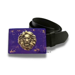 Antique Gold Lion Belt Buckle Inlaid in Hand Painted Purple with Gold Swirl NeoClassic Inspired with Custom Colors Available