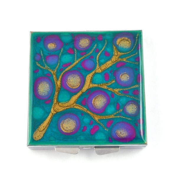 Blossom Pill Box with 4 Compartments Hand Painted Fuchsia and Turquoise Enamel  with Personalized and Color Options