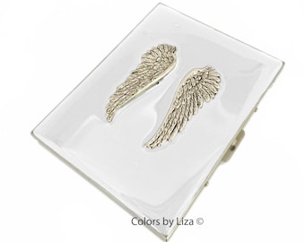 Antique Silver Wings Metal Cigarette Case Hand Painted Glossy White Enamel with Personalized and Color Options Available