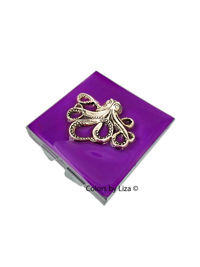 Octopus Pill Box Hand Painted Glossy Purple Orchid Opaque Enamel Nautical Design with Personalized and Color Options Available image 1