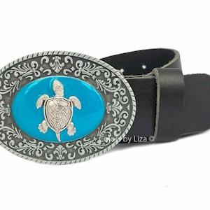 Sea Turtle Belt Buckle Inlaid in Hand Painted Turquoise Enamel Belt Buckle for Snap Belts Tropical Accessory Custom Colors Available