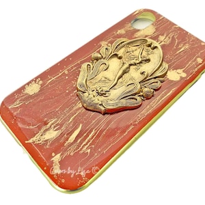 Art Nouveau Iphone Case or Galaxy Phone Case Hand Painted Orange Enamel with Gold Brush Design 360 Magnetic Case with Color Options