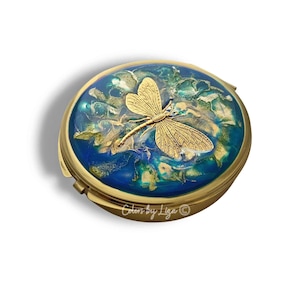 Dragonfly Pill Box with 7 Compartments in Hand Painted Cobalt and Gold Enamel Quartz Inspired with Personalized and Color Options