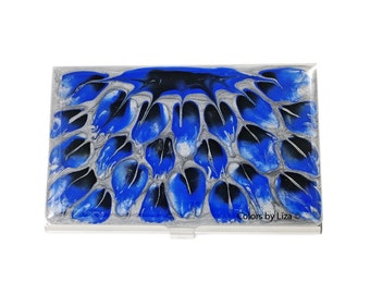 Hand Painted Business Card Case Cobalt Blue Black and Silver Enamel Peacock Inspired Metal Wallet Personalized and Custom Color Options
