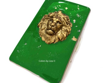 Antique Gold Lion Head Metal Cigarette Case Inlaid in Hand Painted Green Enamel with Gold Splash Metal Wallet with Personalize Color Options