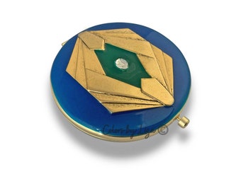 Art Deco Compact Mirror inlaid in Hand Painted Cobalt Blue and Green Enamel Geometric Design with Personalized and Color Options