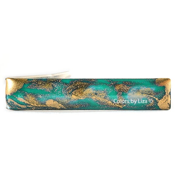 Teal Green Tie Clip Quartz Inspired with Gold Accents in Hand Painted Enamel Personalize and Custom Colors Available