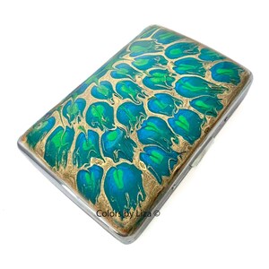 Caixa de cigarro Peacock pintada à mão esmalte verde turquesa e carteira de metal dourado personalize a gravação e as opções de cores