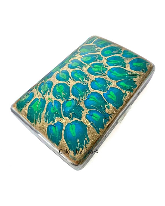 peacock cigarette case Hand Painted Peacock Cigarette Case, Teal & Gold Metal Wallet, Personalized