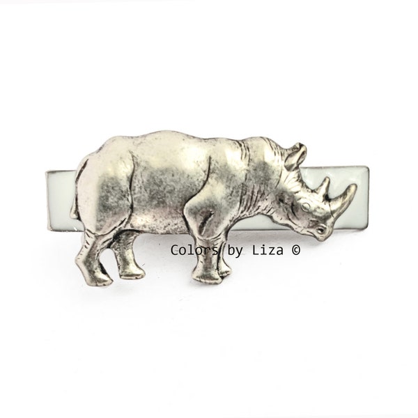 Rhino Tie Clip in Hand Painted Glossy White Enamel Wildlife Design Custom Colors Available with Cufflink Set Options