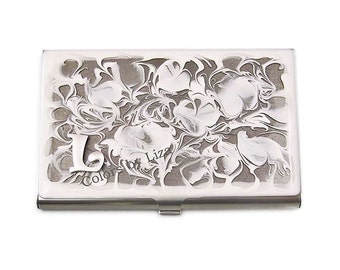 Monogram Business Card Case in Hand in Painted White Swirl Enamel Choose your Letter Personalized and Custom Color Options