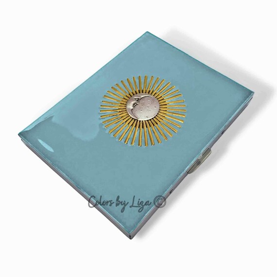 Hand Painted Turquoise Enamel Cigarette Case, Celestial Moon Starburst  Design