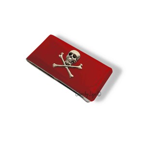 Skull & Crossbones Money Clip: Hand Painted Poppy Red Enamel, Personalized Option