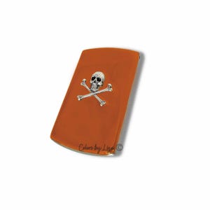 Antiekzilveren kaarthouder met schedel en gekruiste knekels, verticale houder met uitschuifmechanisme, cadeau personaliseren, in oranje email met kleuropties