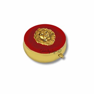 Lion Pill Box: Hand Painted Red Enamel, Personalized Option