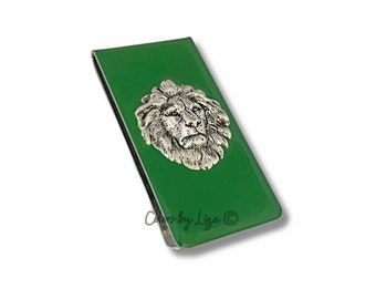 Antique Silver Lion Head Money Clip Inlaid in Hand Painted Green Opaque Enamel Art Deco Leo with Personalized and Assorted Color Options