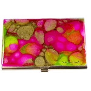 Estuche de tarjeta de visita de neón en esmalte pintado a mano fucsia verde lima y cuarzo dorado inspirado con opciones de color personalizadas y personalizadas