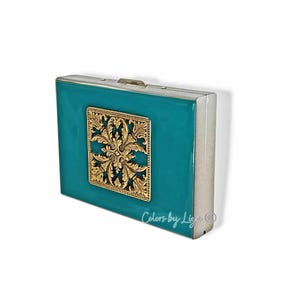 Filigrane Brieftasche mit Kreditkarten-Organizer, handbemalt, Teal, Emaille RFID-Blocker, Geometrischer Vintage-Stil, Personalisierbar und Farboptionen