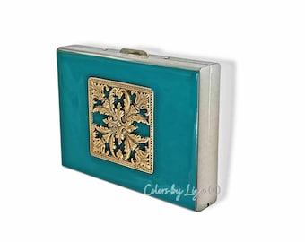 Teal Enamel Filigree Wallet: RFID Blocking Credit Card Holder