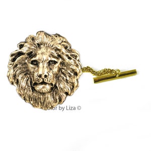 Antique Gold Lion Head Cufflinks Art Deco Leo Design with Tie Clip and Tie Pin Set Options image 3