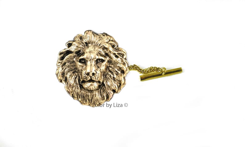 Antique Gold Lion Head Cufflinks Art Deco Leo Design with Tie Clip and Tie Pin Set Options image 3