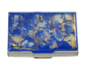 Large Business Card Case Hand Painted Enamel Cobalt Blue and Gold Quartz Inspired Design Custom Colors and Personalized Options