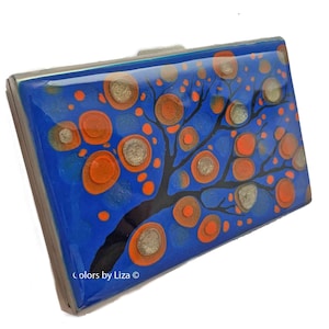 Blüte Metall Portemonnaie mit Kreditkarten Organizer RFID Blocker Handbemalt Orange und Blau Emaille mit individuellen Farben und personalisierten Optionen