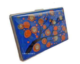 Blossom Metal Wallet with Credit Card Organizer RFID Blocker Hand Painted Orange and Blue Enamel with Custom Colors and Personalized Options