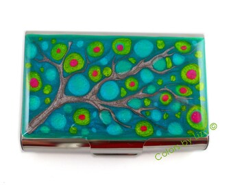 Extra Large Business Card Case Hand Painted Enamel Fuchsia Turquoise and Green Blossom Inspired Custom Colors and Personalized Option