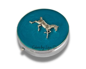 Antique Silver Horse Pill Box Inlaid in Hand Painted Glossy Turquoise Enamel Vintage Style with Personalize and Color Options Available