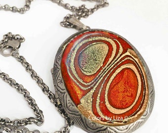 Orange and Gold Locket in Hand Painted Enamel Oval Shape with Mod Inspired Design Necklace with Color and Personalized Options