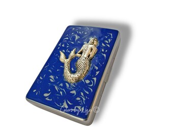 Antique Silver Mermaid Cigarette Case Inlaid in Hand Painted Cobalt Swirl Enamel Metal Wallet Nautical Design Personalize and Color Options
