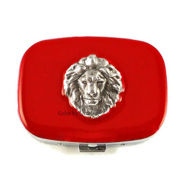 Lion Pill Case Inlaid in Hand Painted Red Glossy Enamel Neo Victorian Zodiac Leo with Personalized and Color Options