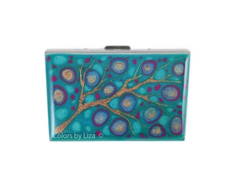 Credit Card Wallet with RFID Blocker in Hand Painted Enamel Fuchsia and Turquoise Blossom Inspired with Personalize and Color Options