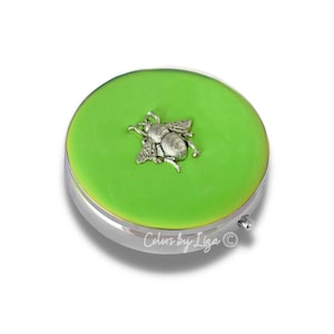 Antique Silver Bee Pill Box Inlaid in Hand Painted Chartreuse Enamel Vintage Style Inspired with Personalize and Color Options Available