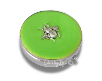 Antique Silver Bee Pill Box: Hand Painted Chartreuse Enamel, Personalized Option