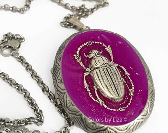 Scarab Locket Painted in Magenta with Silver Splash Pill Box Necklace Art Deco Insect Jewelry with Personalized and Color Options