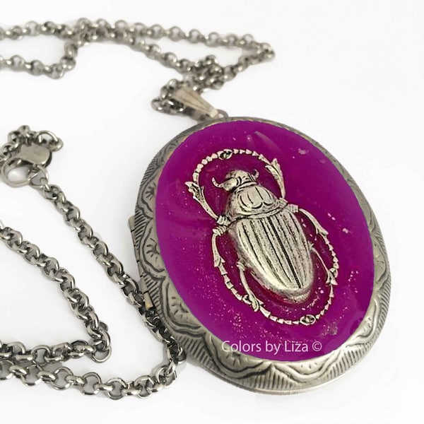 Scarab Locket Painted in Magenta with Silver Splash Pill Box Necklace Art Deco Insect Jewelry with Personalized and Color Options